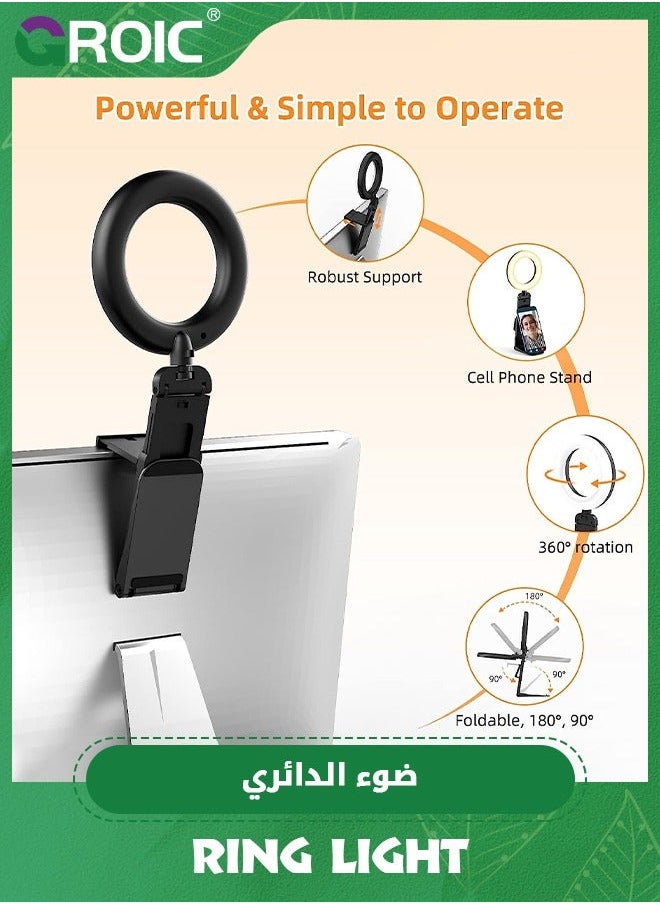 GROIC Ring Light for Computer Laptop, Video Conference Lighting kit Zoom Meetings, Small Led Selfie Portable with Stand, Cell Phone Holder Desktop Skype Call Black  - Image 2