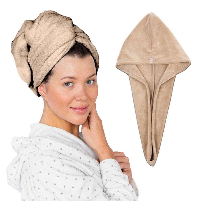 HOUSSE Microfibre Head Towels | 550 GSM High Absorbent Hair Wrap with Adjustable Buttons for Girls | Super Soft & Quick Dry Wrap Towel for Hairs | Pack of 2 | 25x65 cm (Cocco Brown & Sandrift) - Image 3
