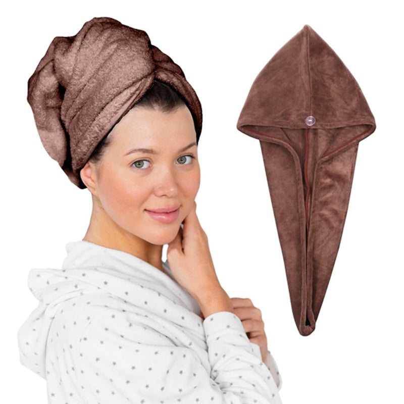 HOUSSE Microfibre Head Towels | 550 GSM High Absorbent Hair Wrap with Adjustable Buttons for Girls | Super Soft & Quick Dry Wrap Towel for Hairs | Pack of 2 | 25x65 cm (Cocco Brown & Sandrift) - Image 4