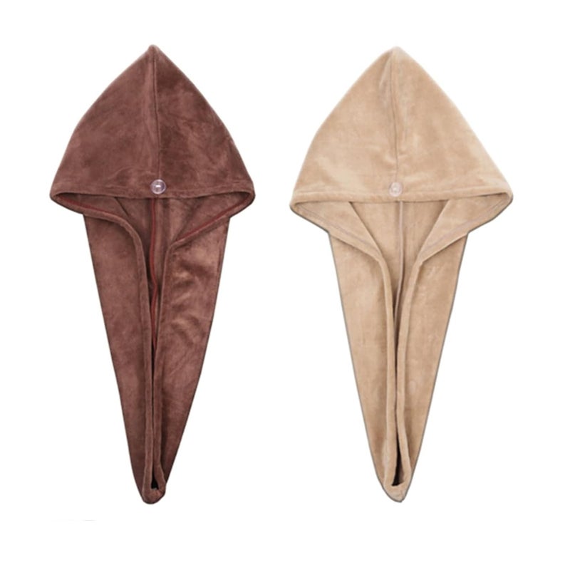 HOUSSE Microfibre Head Towels | 550 GSM High Absorbent Hair Wrap with Adjustable Buttons for Girls | Super Soft & Quick Dry Wrap Towel for Hairs | Pack of 2 | 25x65 cm (Cocco Brown & Sandrift) - Image 1