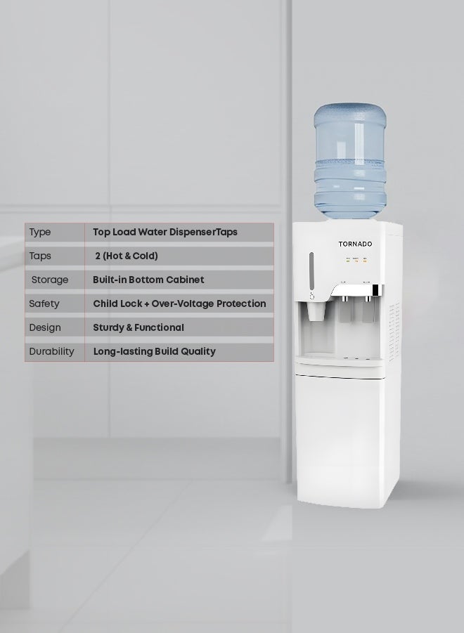 TORNADO Water Dispenser with Cup Holder Top Loading with Bottom Cabinet Hot & Cold 2 Taps - Image 3