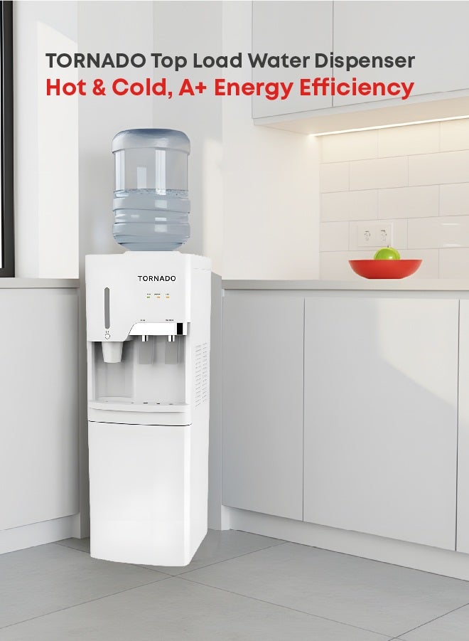 TORNADO Water Dispenser with Cup Holder Top Loading with Bottom Cabinet Hot & Cold 2 Taps - Image 1