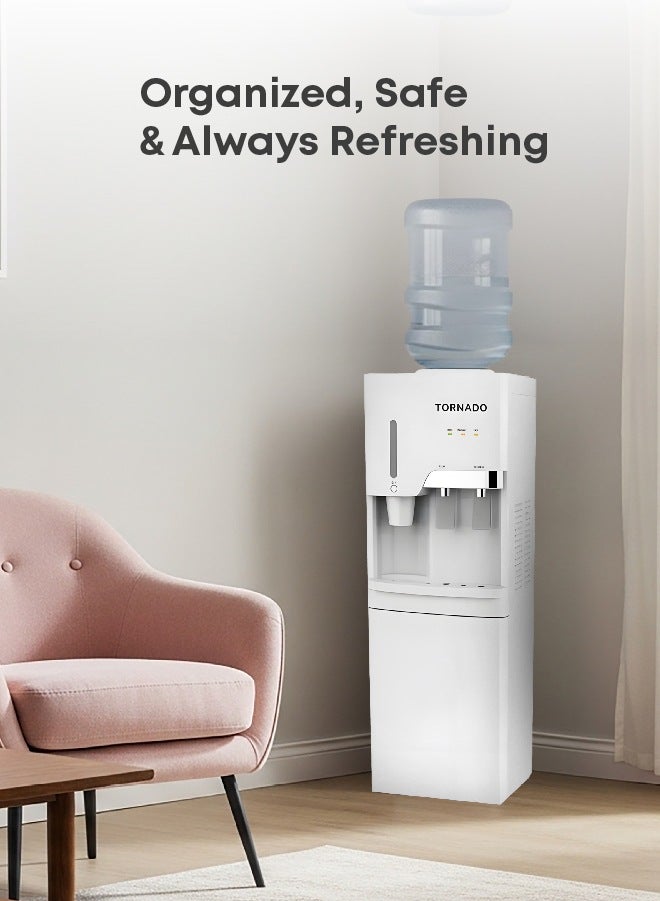 TORNADO Water Dispenser with Cup Holder Top Loading with Bottom Cabinet Hot & Cold 2 Taps - Image 4