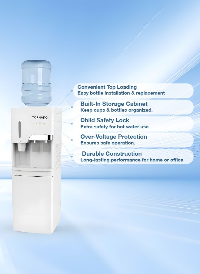 TORNADO Water Dispenser with Cup Holder Top Loading with Bottom Cabinet Hot & Cold 2 Taps - Image 2