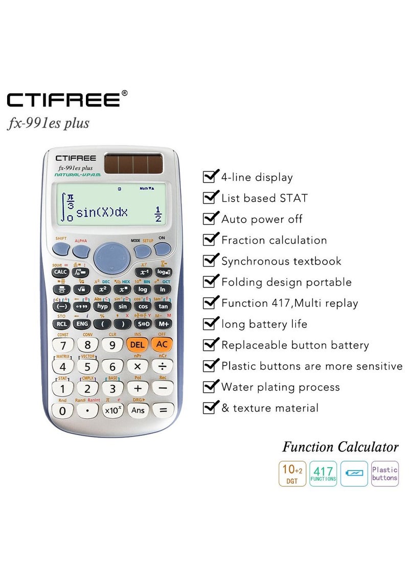 CTIFREE - آلة حاسبة علمية FX 991ES Plus 417 دالة 2 سطر 10+2 أرقام شاشة مكتوبة آلة حاسبة علمية تعمل بالطاقة الشمسية - Image 1