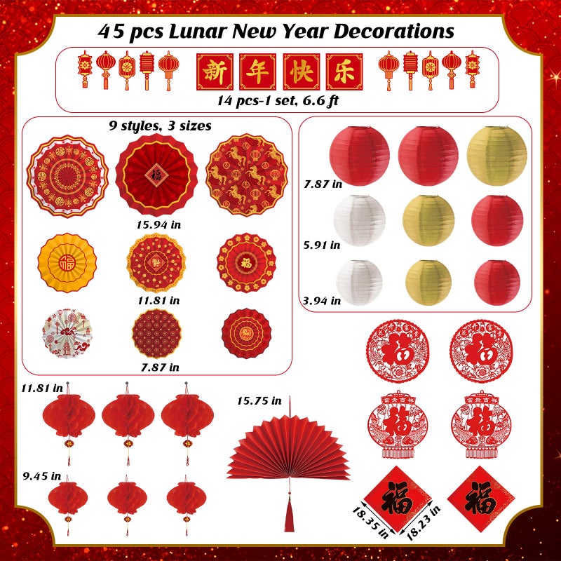 Jaloro 45 Pcs Chinese Lunar New Year Decorations, 2026 Year of the Horse Red Paper Fans Lanterns Lunar Horse Banner Fu Character Window Stickers Luck Hanging Ornaments Vietnamese Tet Party Supplies - Image 3