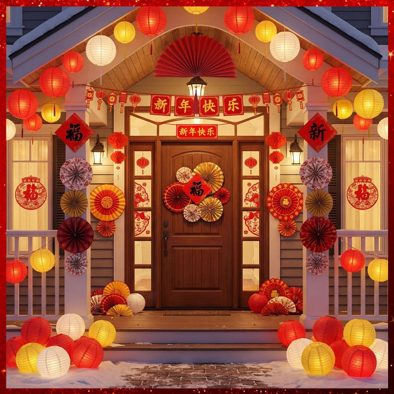Jaloro 45 Pcs Chinese Lunar New Year Decorations, 2026 Year of the Horse Red Paper Fans Lanterns Lunar Horse Banner Fu Character Window Stickers Luck Hanging Ornaments Vietnamese Tet Party Supplies - Image 5