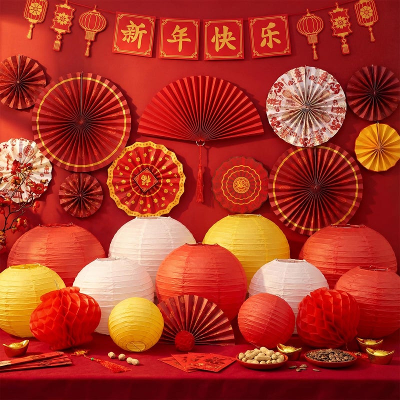 Jaloro 45 Pcs Chinese Lunar New Year Decorations, 2026 Year of the Horse Red Paper Fans Lanterns Lunar Horse Banner Fu Character Window Stickers Luck Hanging Ornaments Vietnamese Tet Party Supplies - Image 2