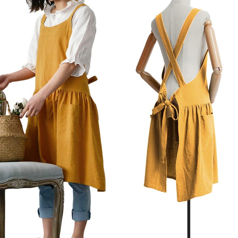 NEWGEM Cotton Linen Cross Back Apron for Women with Pockets for Painting Gardening Yellow with Waist Ties