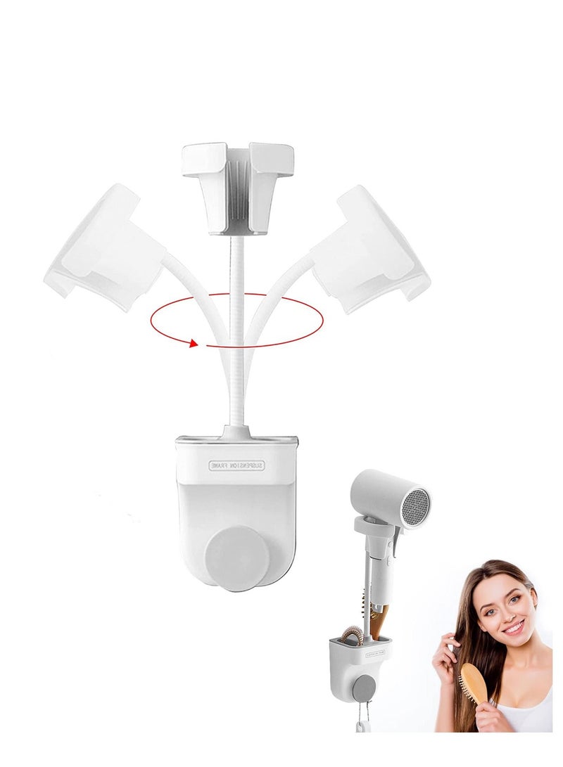 SYOSI Hair Dryer Holder Hands Free Adjustable 360 Degree Rotation Lazy Hair Blow Drying Stand with Storage Positionable Arm Bathroom Toilet Bedroom Wall Mount for Mirror and Ceramic Tile - Image 1