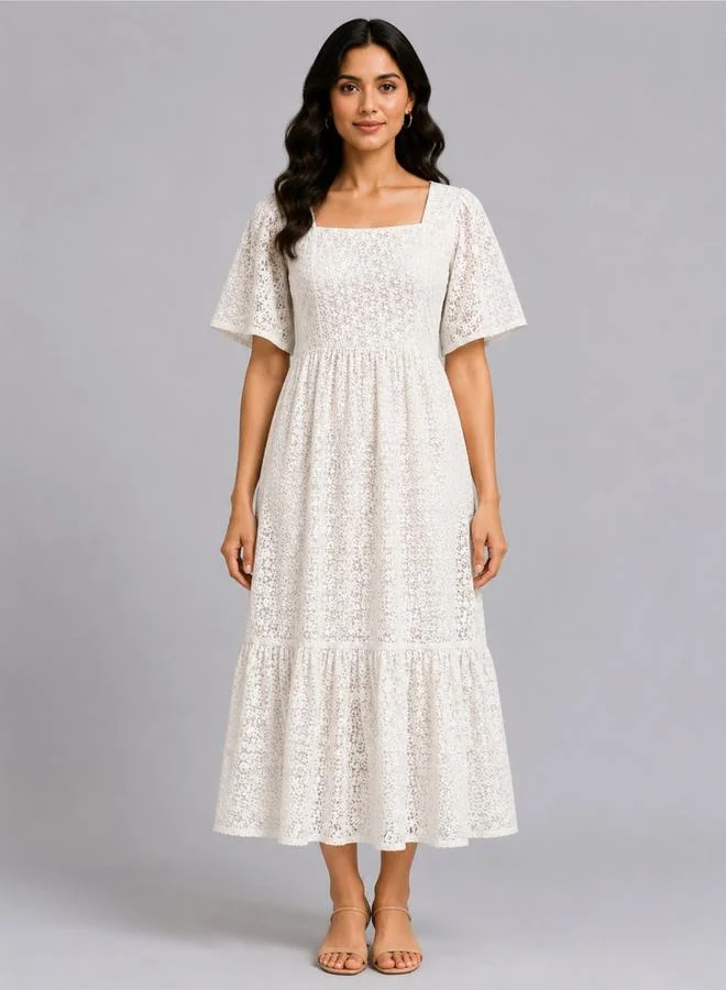 House Of Raeli White Self-Design Midi Dress with Short Sleeves