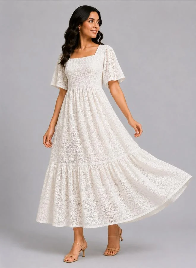 House Of Raeli White Self-Design Midi Dress with Short Sleeves