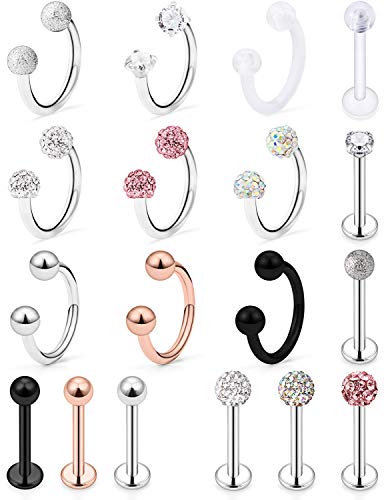 Hoeudjo 18PCS 16G Surgical Steel Lip Hoop Ring Crystal Cubic Horseshoe Barbell Tragus Cartilage Earring Helix Daith Septum Hoop Piercing Body Piercing Jewelry Retainer for Women Men 10mm Black - Image 1