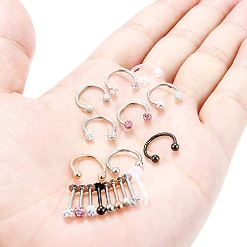 Hoeudjo 18PCS 16G Surgical Steel Lip Hoop Ring Crystal Cubic Horseshoe Barbell Tragus Cartilage Earring Helix Daith Septum Hoop Piercing Body Piercing Jewelry Retainer for Women Men 10mm Black - Image 3