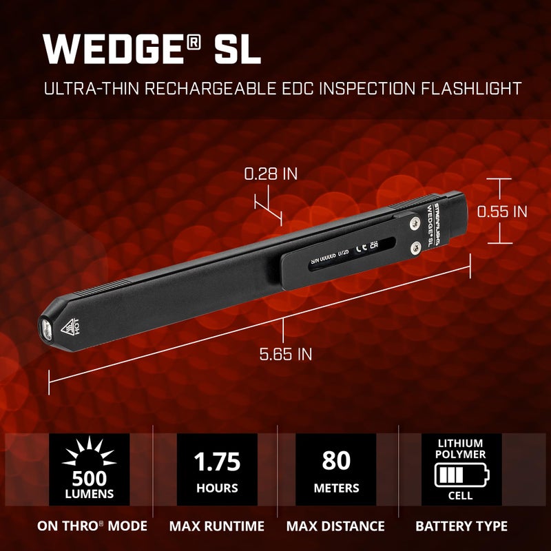 Streamlight 88840 Wedge SL 500-Lumen Max 100-Lumen Standard 1,600-Candela Ultra-Thin Rechargeable EDC Inspection LED Flashlight, Black - Image 2