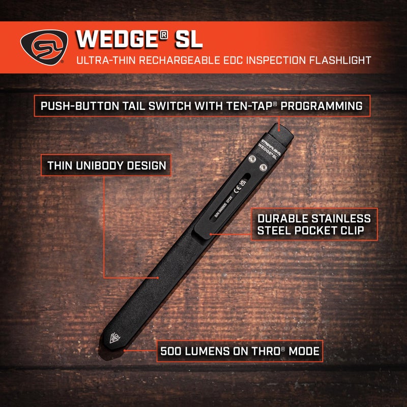 Streamlight 88840 Wedge SL 500-Lumen Max 100-Lumen Standard 1,600-Candela Ultra-Thin Rechargeable EDC Inspection LED Flashlight, Black - Image 1