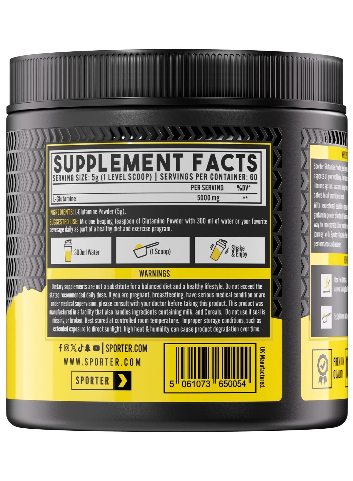 Sporter Unflavored L-Glutamine Pure Micronized Powder 300g 60 Servings