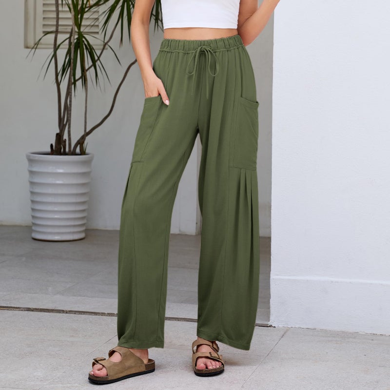 Duyang Women Linen Wide Leg Pants Casual Summer Palazzo Pants Beach Vacation Outfits Flowy Loose Trousers with Pockets(Army-Green,XL) - Image 5