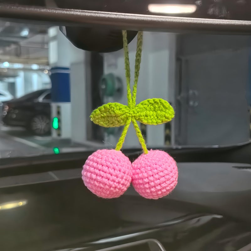 Mshion Car Rear View Mirror Hanging Accessory  Cute Pink Cherry Car Accessories  Crochet Car Decor  Hand Knitted Car Mirror Hanger - Image 1