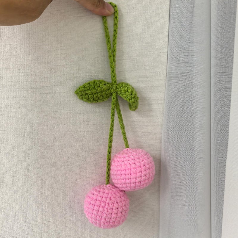 Mshion Car Rear View Mirror Hanging Accessory  Cute Pink Cherry Car Accessories  Crochet Car Decor  Hand Knitted Car Mirror Hanger - Image 3