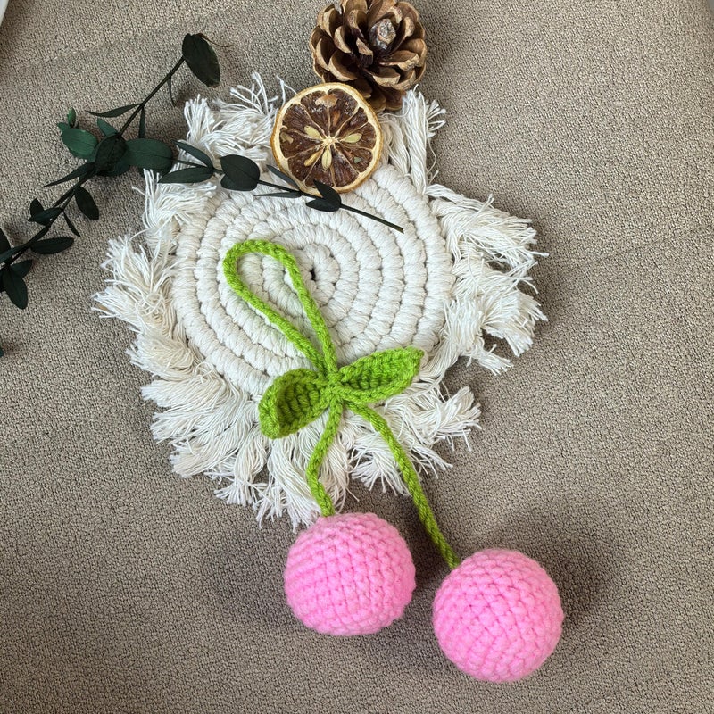 Mshion Car Rear View Mirror Hanging Accessory  Cute Pink Cherry Car Accessories  Crochet Car Decor  Hand Knitted Car Mirror Hanger - Image 5