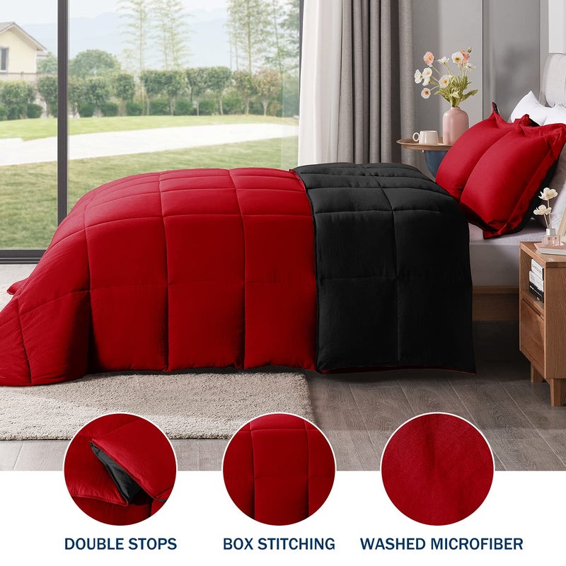 LOVTEX 3PCS Black and Red Comforter Set Queen - Ultra Soft Washed Microfiber Comforter Queen Set - Reversible Down Alternative Red Comforter Queen with 2 Pillow Shams(Red/Black) - Image 3