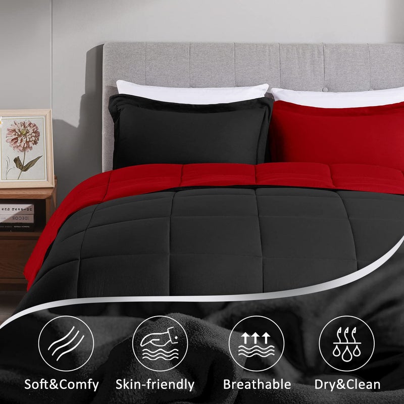 LOVTEX 3PCS Black and Red Comforter Set Queen - Ultra Soft Washed Microfiber Comforter Queen Set - Reversible Down Alternative Red Comforter Queen with 2 Pillow Shams(Red/Black) - Image 5