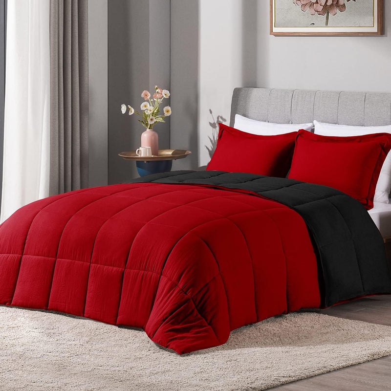 LOVTEX 3PCS Black and Red Comforter Set Queen - Ultra Soft Washed Microfiber Comforter Queen Set - Reversible Down Alternative Red Comforter Queen with 2 Pillow Shams(Red/Black) - Image 1