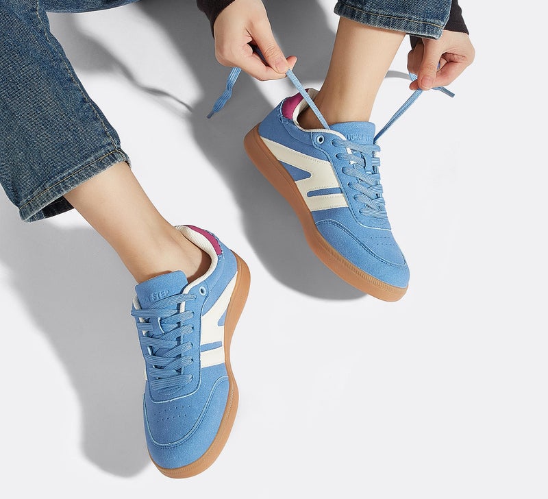 LUCKY STEP Women Classic Retro Gum Sole Fashion Sneakers Casual Tennis Skate Shoe Genuine Leather Walking Footwear Anti Slip Trainers(Blue,7) - Image 2