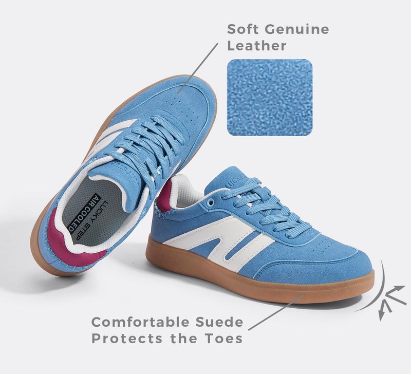 LUCKY STEP Women Classic Retro Gum Sole Fashion Sneakers Casual Tennis Skate Shoe Genuine Leather Walking Footwear Anti Slip Trainers(Blue,7) - Image 3