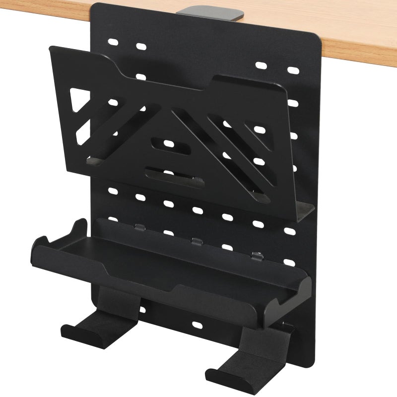 MAXECHO Desk Side Storage Holder, Metal Pegboard, Above or Under Desk Laptop Mount, Table Side Hanging File Organizer, Clamp On Cable Management Tray, Peg Board for Gaming, Office - Image 1