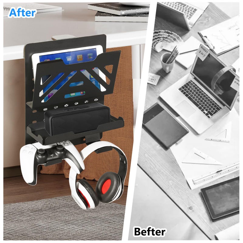 MAXECHO Desk Side Storage Holder, Metal Pegboard, Above or Under Desk Laptop Mount, Table Side Hanging File Organizer, Clamp On Cable Management Tray, Peg Board for Gaming, Office - Image 5