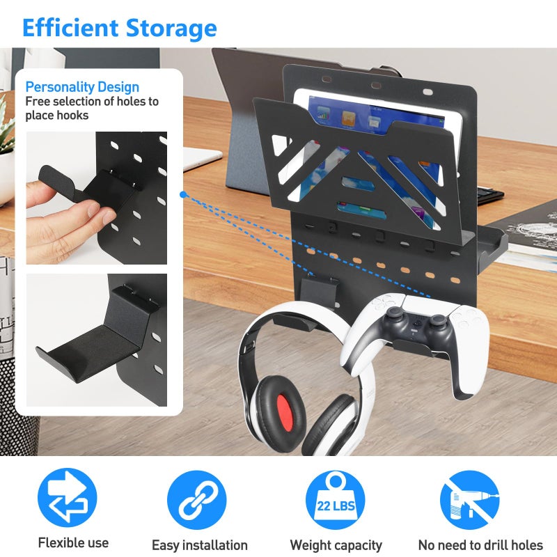 MAXECHO Desk Side Storage Holder, Metal Pegboard, Above or Under Desk Laptop Mount, Table Side Hanging File Organizer, Clamp On Cable Management Tray, Peg Board for Gaming, Office - Image 3