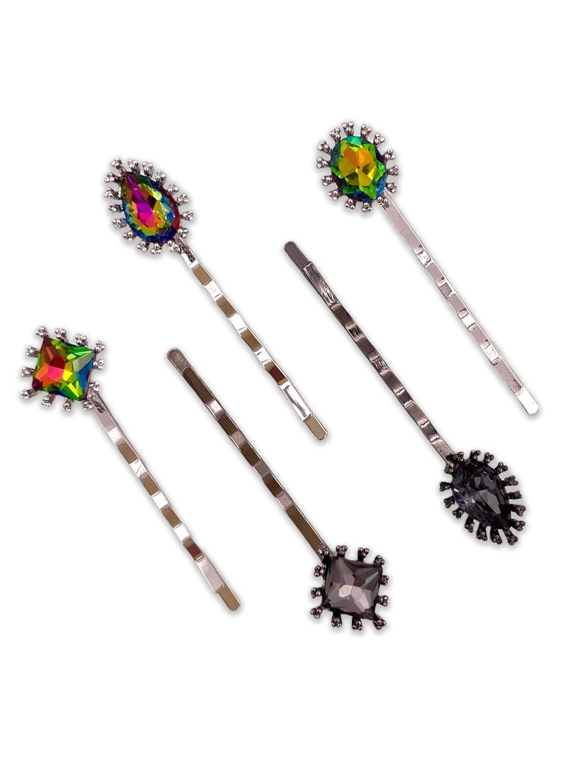 Lizzie Kay 5PCS Colorful Gem Stones Bobby Pins Decorative Silver Black Hair Slides Clips Set Accessories Women 