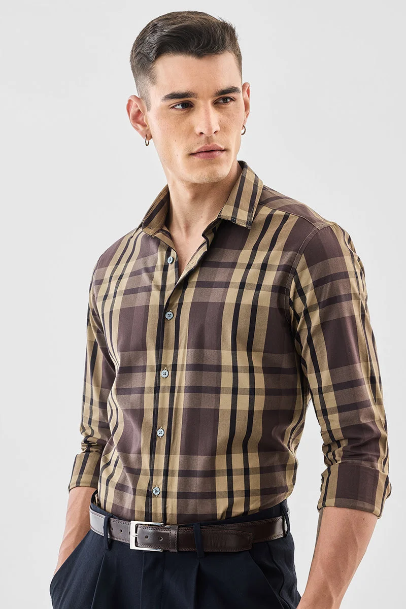 SNITCH Brown Checkered Long Sleeve Slim Fit Shirt