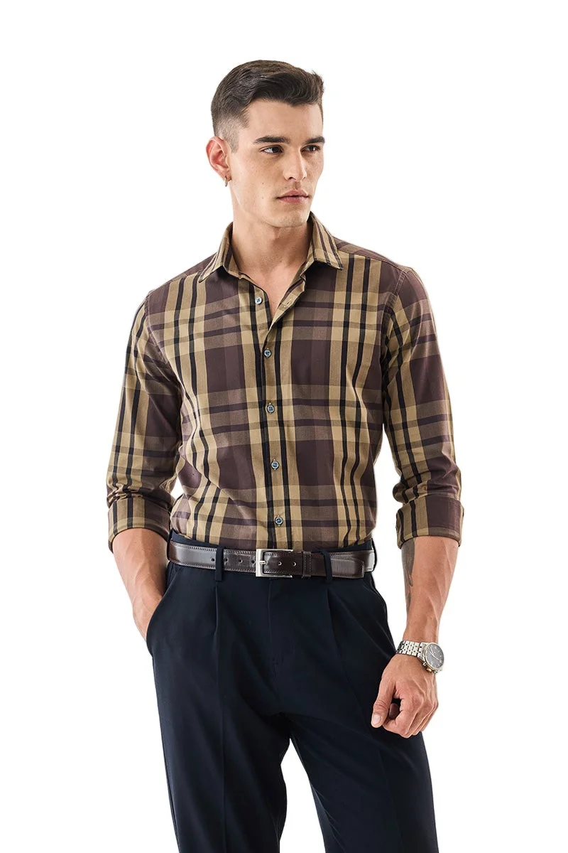 SNITCH Brown Checkered Long Sleeve Slim Fit Shirt