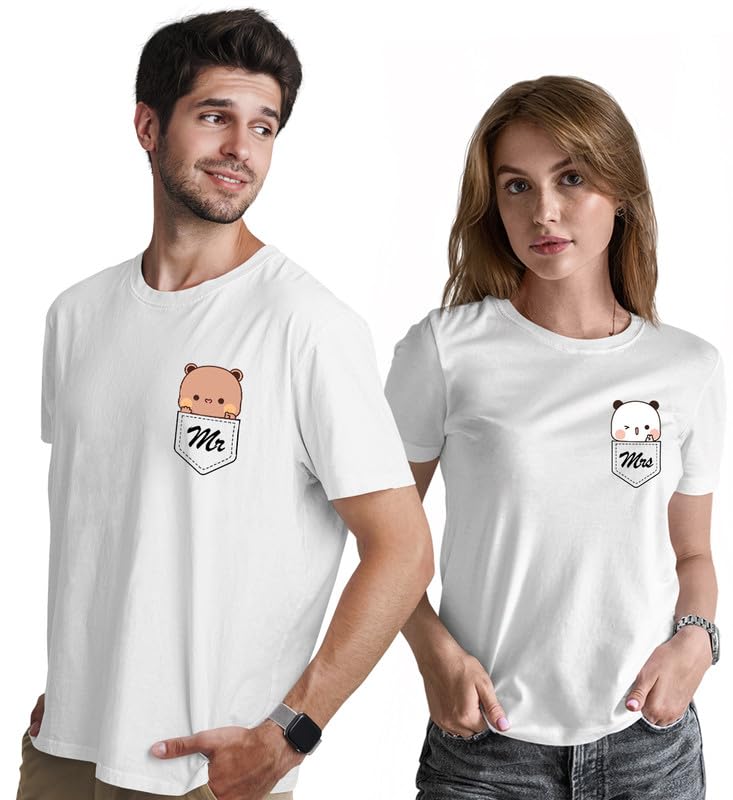 INDISSH Couple Matching T-Shirt Combo | Round Neck 100% Cotton Tshirt for Men and Women - CPL_RNM-MR-WHT-S_WRN-MRS-WHT-M - Image 1