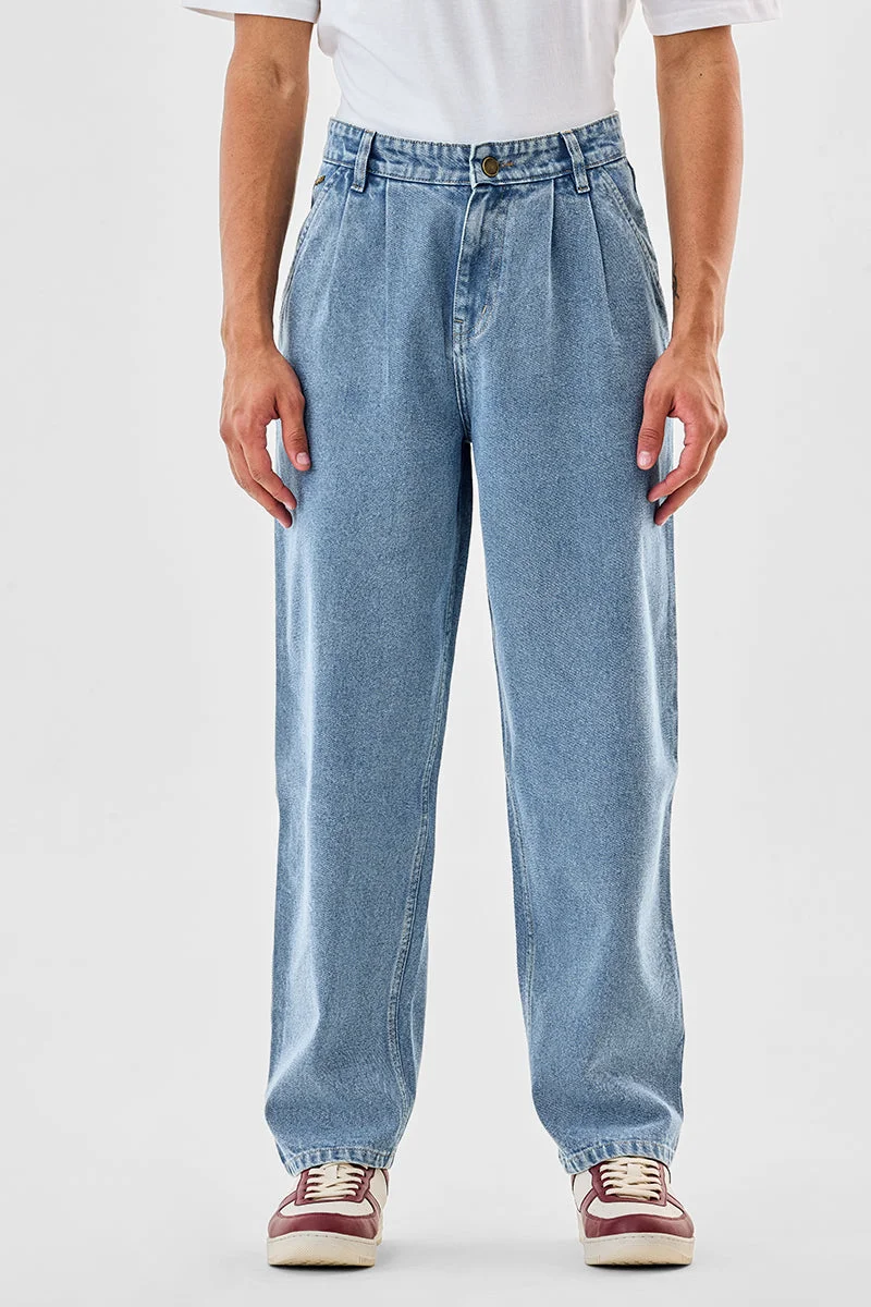 Snitch Blue Relaxed Fit Pleated Jeans for Men | Best Price UAE