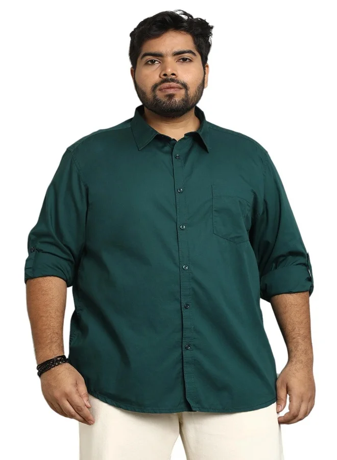 HIGH STAR Men's Dark Green 100% Cotton Solid Pattern Button Down Regular Fit Shirt