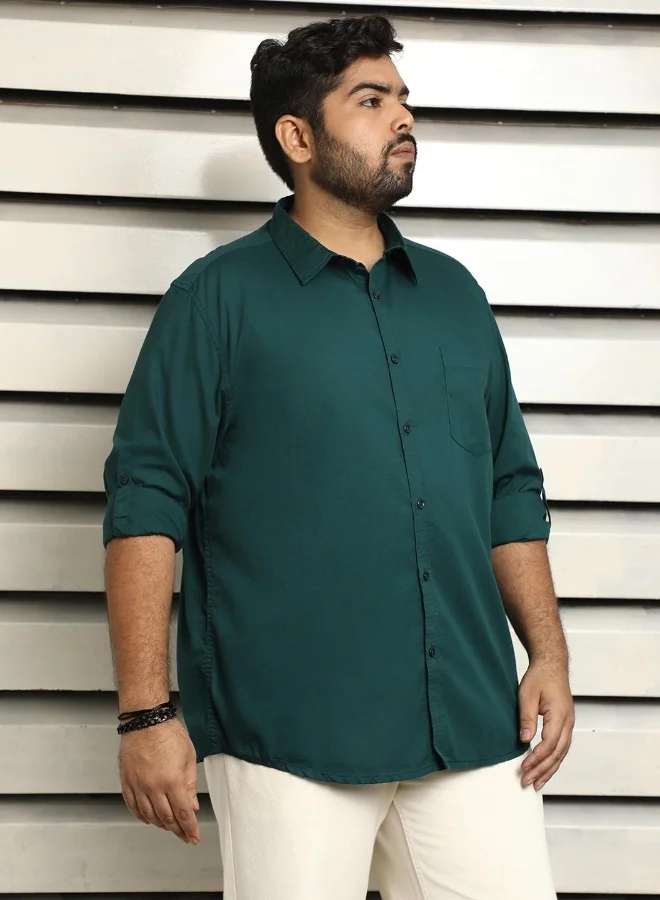 HIGH STAR Men's Dark Green 100% Cotton Solid Pattern Button Down Regular Fit Shirt