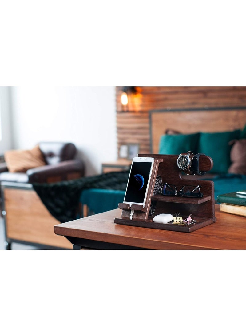 BIGTHREE Multifunctional Wooden Organizer – Phone Dock, Key & Wallet Holder Desk Set for Men, Durable Father’s/Birthday Gift (Natural Wood, Compact Design) - Image 3
