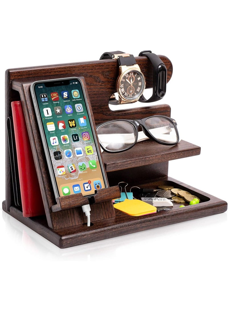 BIGTHREE Multifunctional Wooden Organizer – Phone Dock, Key & Wallet Holder Desk Set for Men, Durable Father’s/Birthday Gift (Natural Wood, Compact Design) - Image 1
