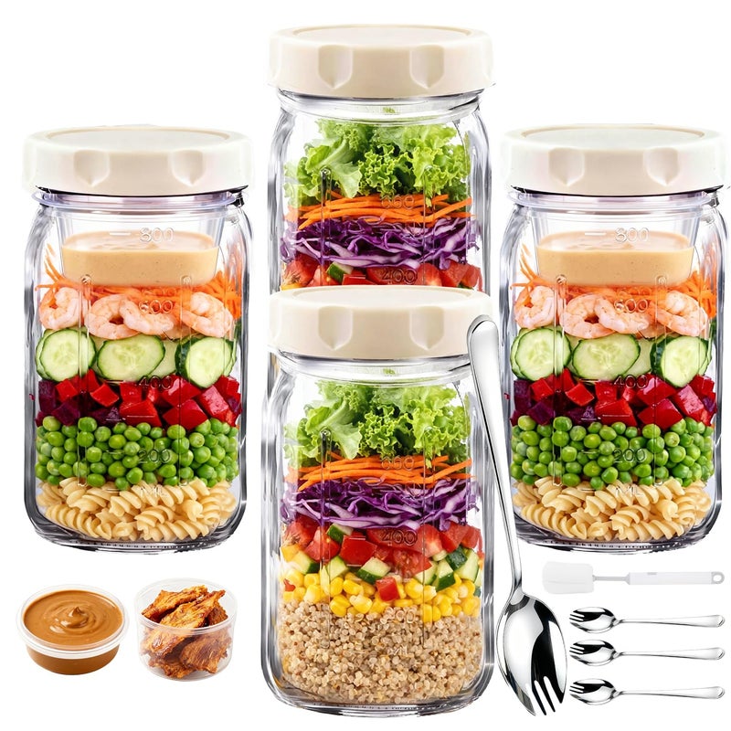 JUNLIN 4 Pack Glass Salad Jars, 32oz Meal Prep Salad Jar with 4 Forks, Leakproof Salad Container with Separate Wet/Dry Dressing Cups for Home, Office and Outdoor - Image 1