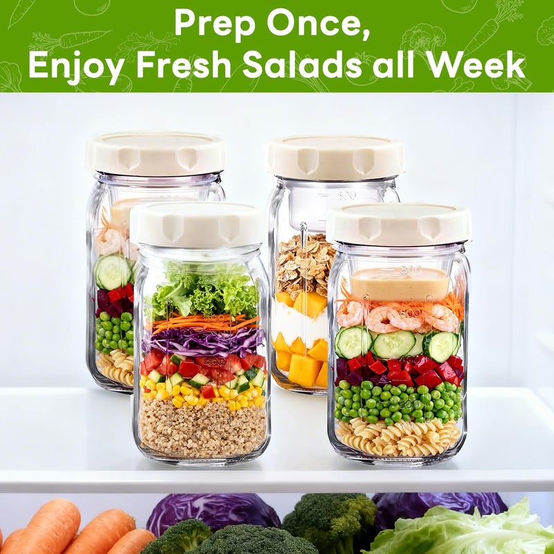 JUNLIN 4 Pack Glass Salad Jars, 32oz Meal Prep Salad Jar with 4 Forks, Leakproof Salad Container with Separate Wet/Dry Dressing Cups for Home, Office and Outdoor - Image 4