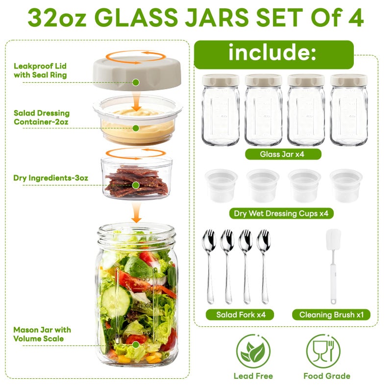JUNLIN 4 Pack Glass Salad Jars, 32oz Meal Prep Salad Jar with 4 Forks, Leakproof Salad Container with Separate Wet/Dry Dressing Cups for Home, Office and Outdoor - Image 2