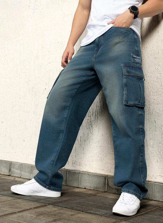 Hubberholme Mid Rise Relaxed Fit Faded Cargo Jeans by Styli