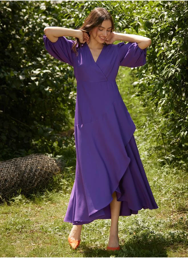 FEMELLA Wrap Ruffle Maxi Dress with Cuffed Sleeve by Styli