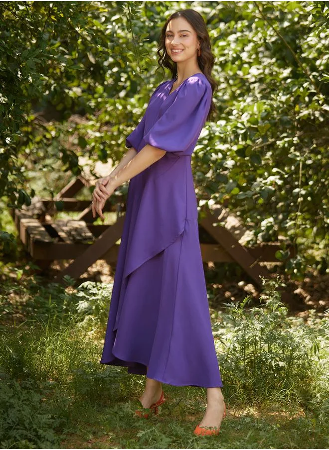 FEMELLA Wrap Ruffle Maxi Dress with Cuffed Sleeve by Styli