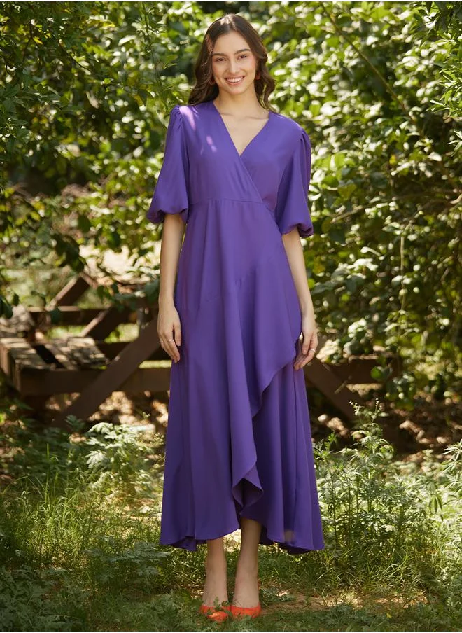 FEMELLA Wrap Ruffle Maxi Dress with Cuffed Sleeve by Styli