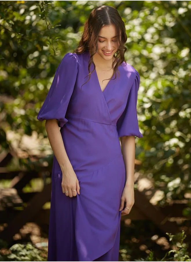 FEMELLA Wrap Ruffle Maxi Dress with Cuffed Sleeve by Styli